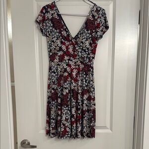 Floral V-Neck Dress - Red and Black